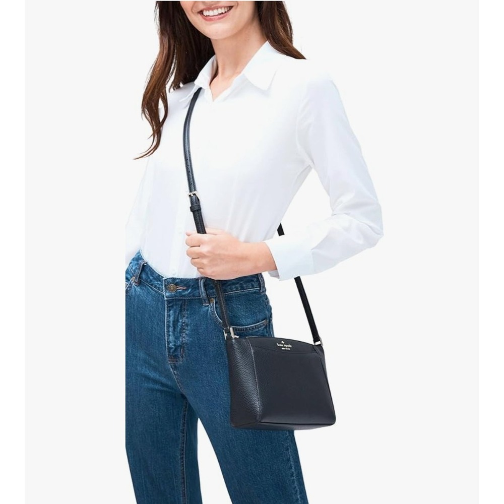 NWT Kate Spade Monica Black Pebbled Leather Crossbody Bag Gold Minimalist Luxury